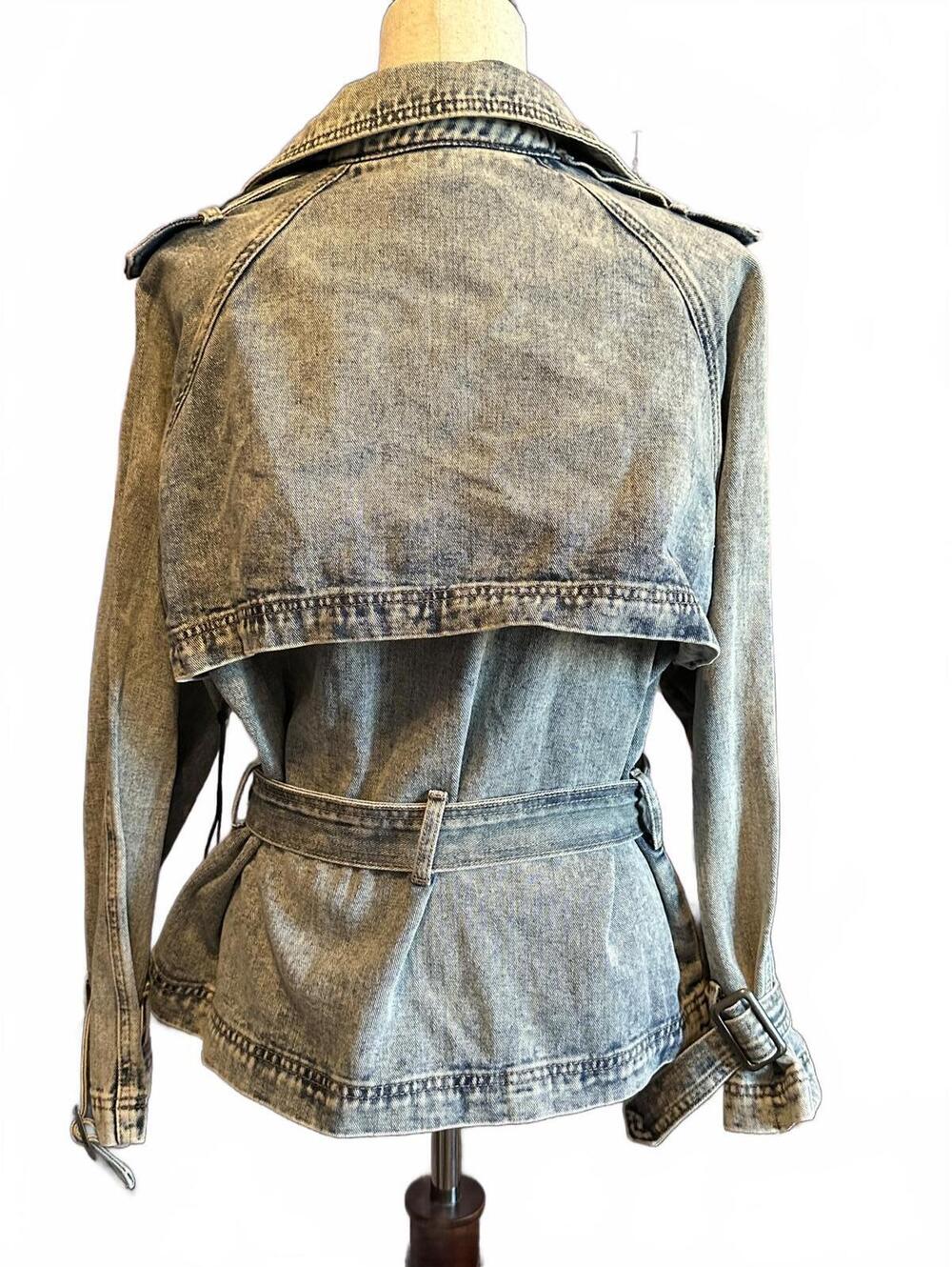 DICTIONARY Vintage Y2K Acid Wash Belted Denim Jacket Coat - Picture 4 of 5